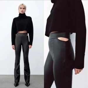 Zara Black Flare Leather Pants with Cut-Out